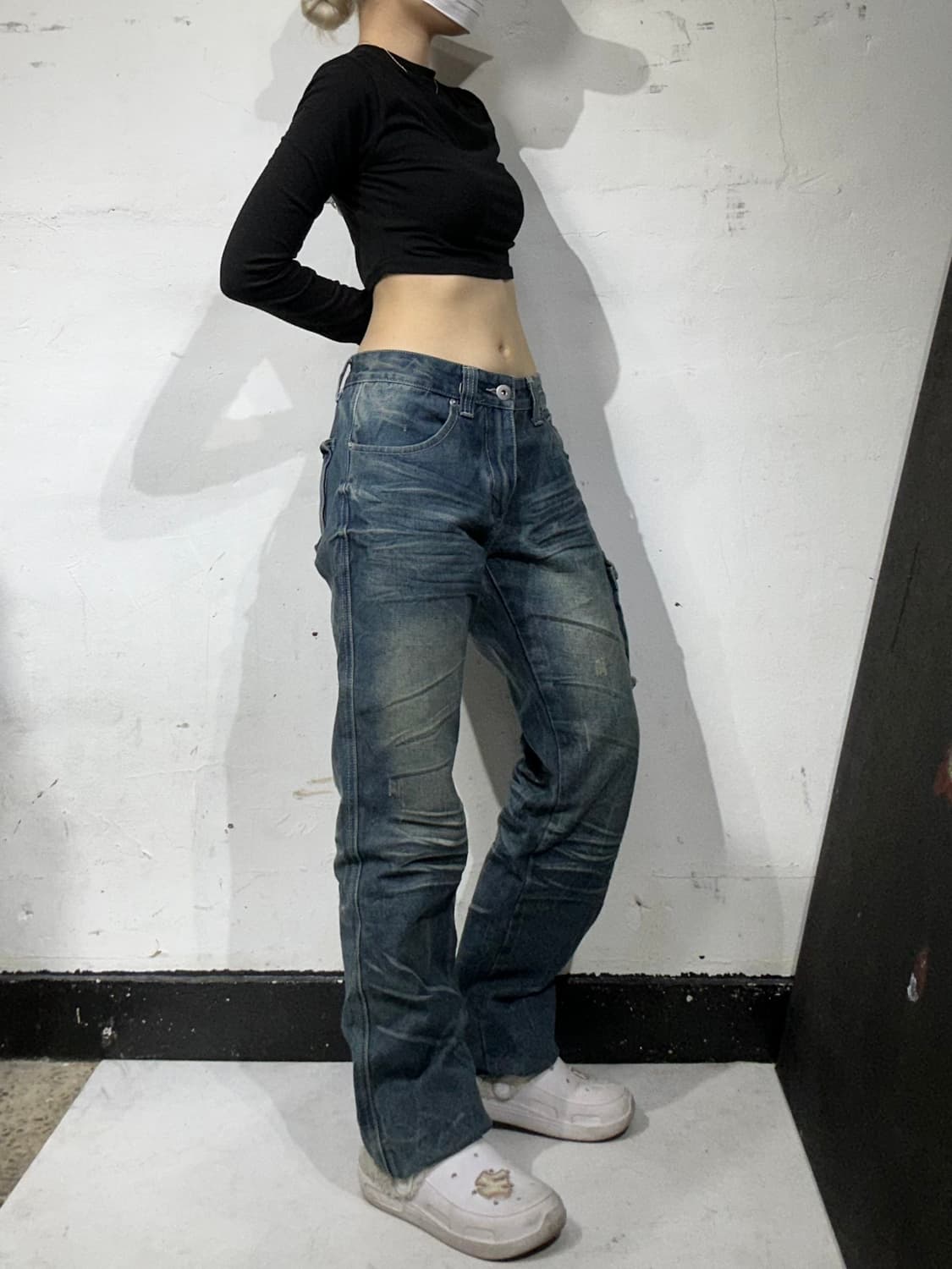 일본 빈티지 진청 워싱 새깅 와이드 데님 팬츠 L 상품이미지1