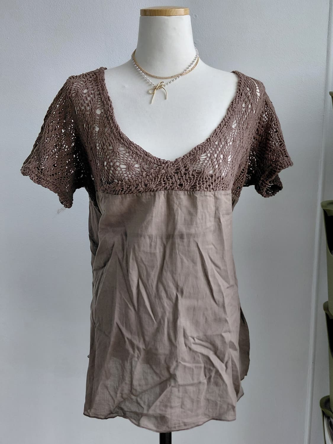 [히피룩] 브라운 크로셰 레이스 반팔 블라우스 상품이미지1