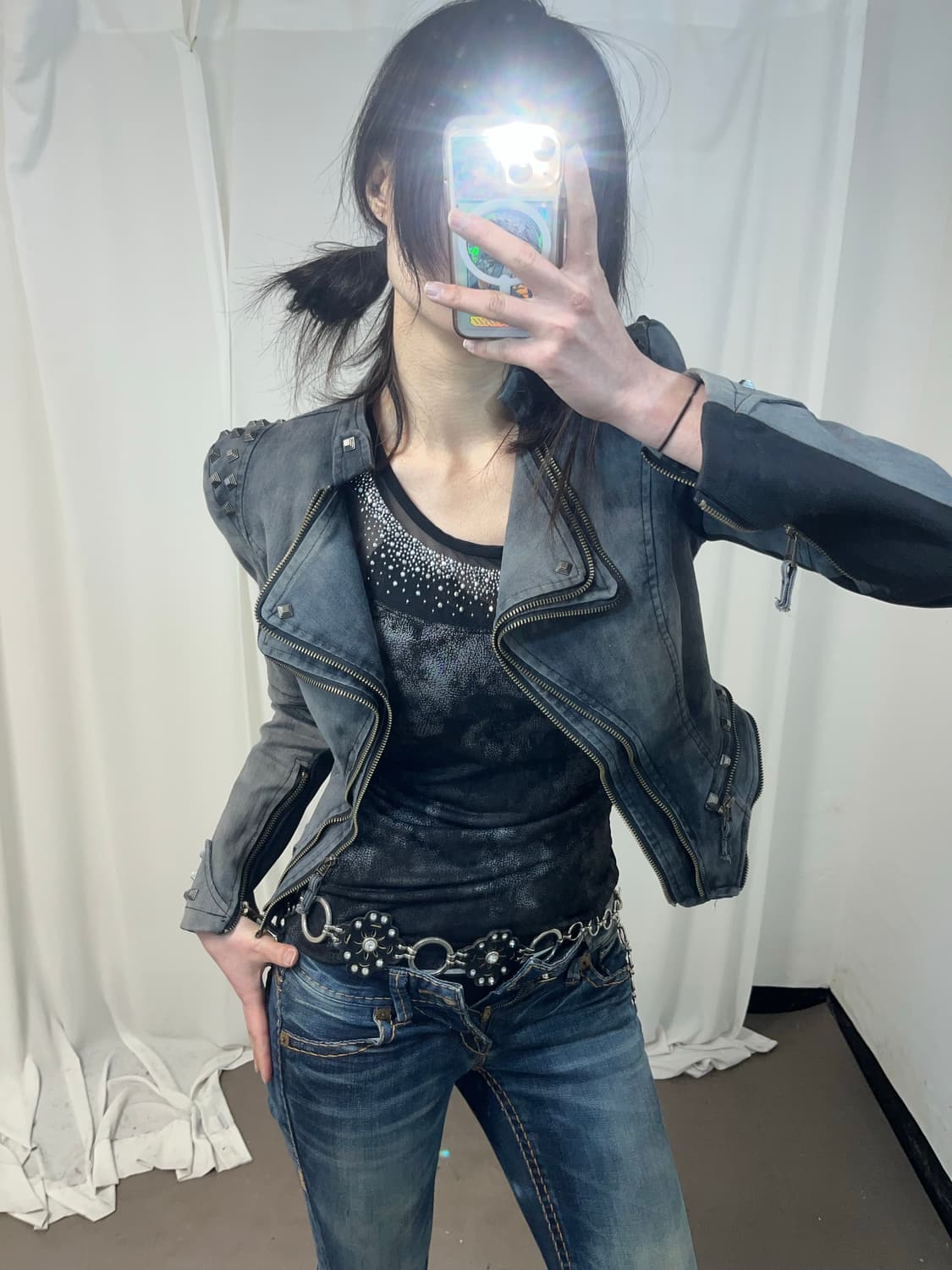 락시크 그레이 데님 스터드 자켓 상품이미지5