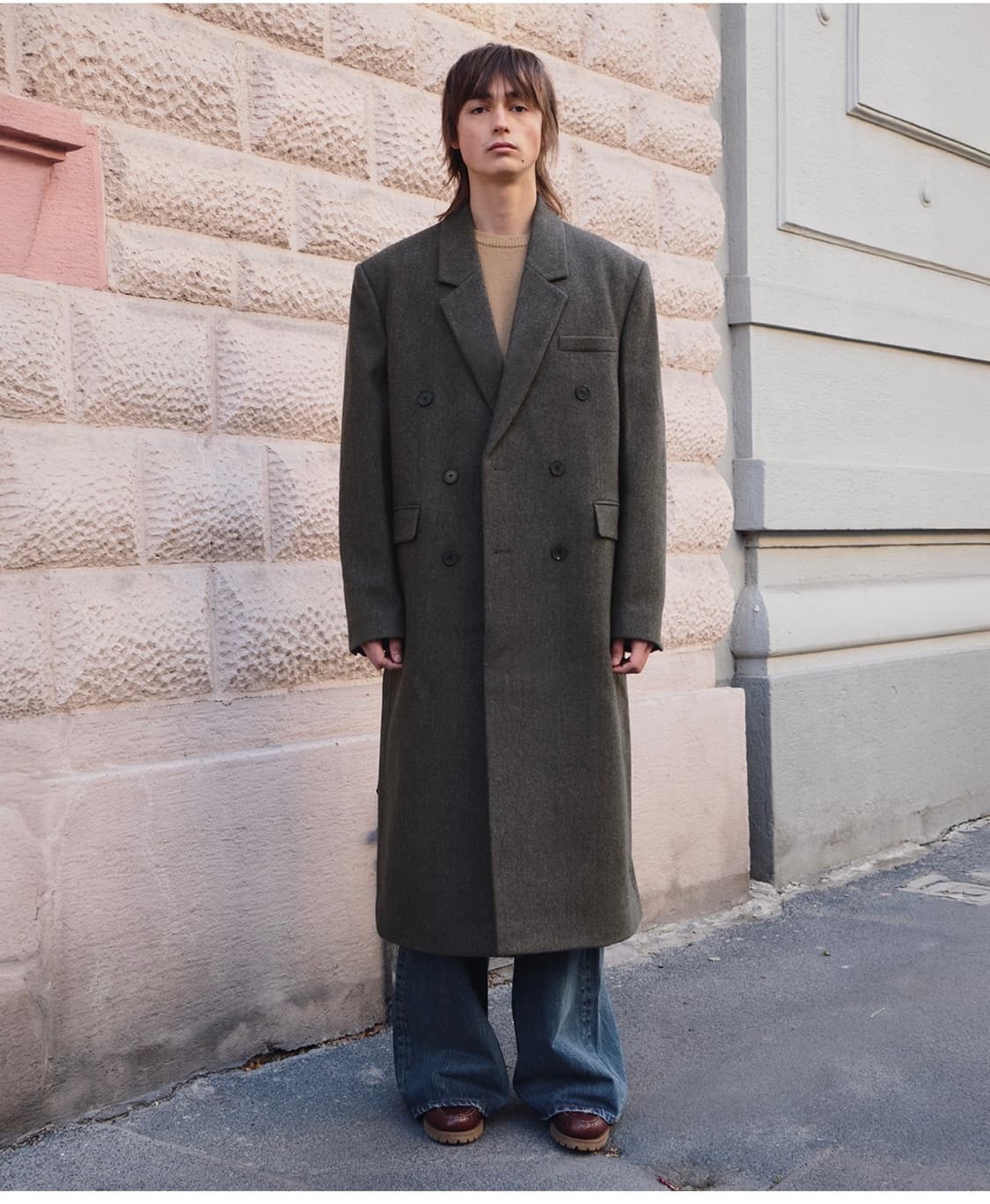 [새상품급] 엘무드 그레이웨일 더블 코트 카키 48사이즈 판매 상품이미지2