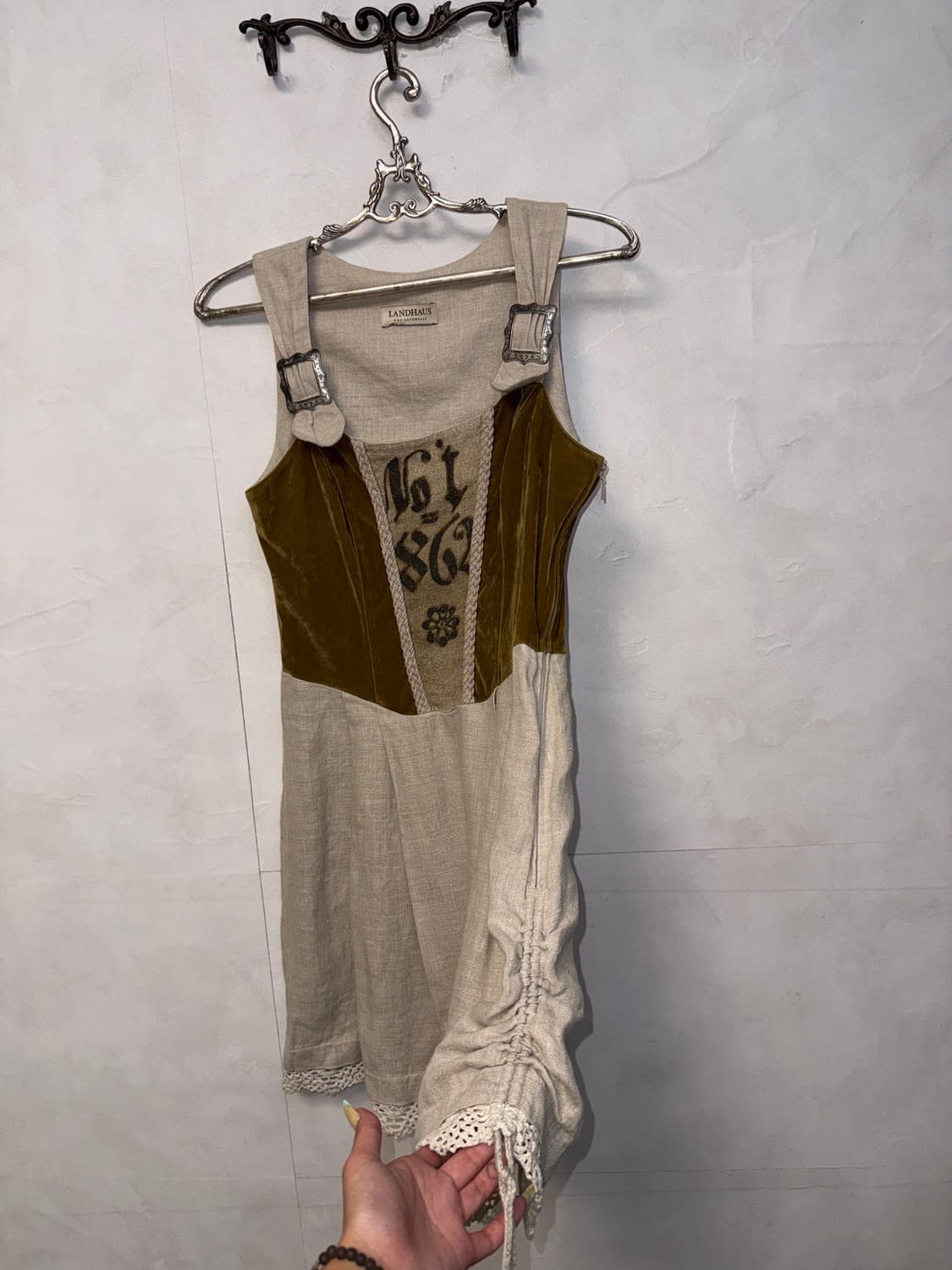 Beige brown linen shirring velvet ops  상품이미지3