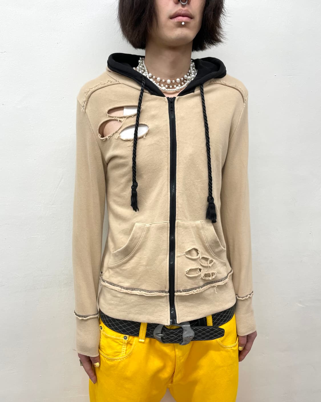 Distressed Rope Brown Hooded Zip-Up  상품이미지3