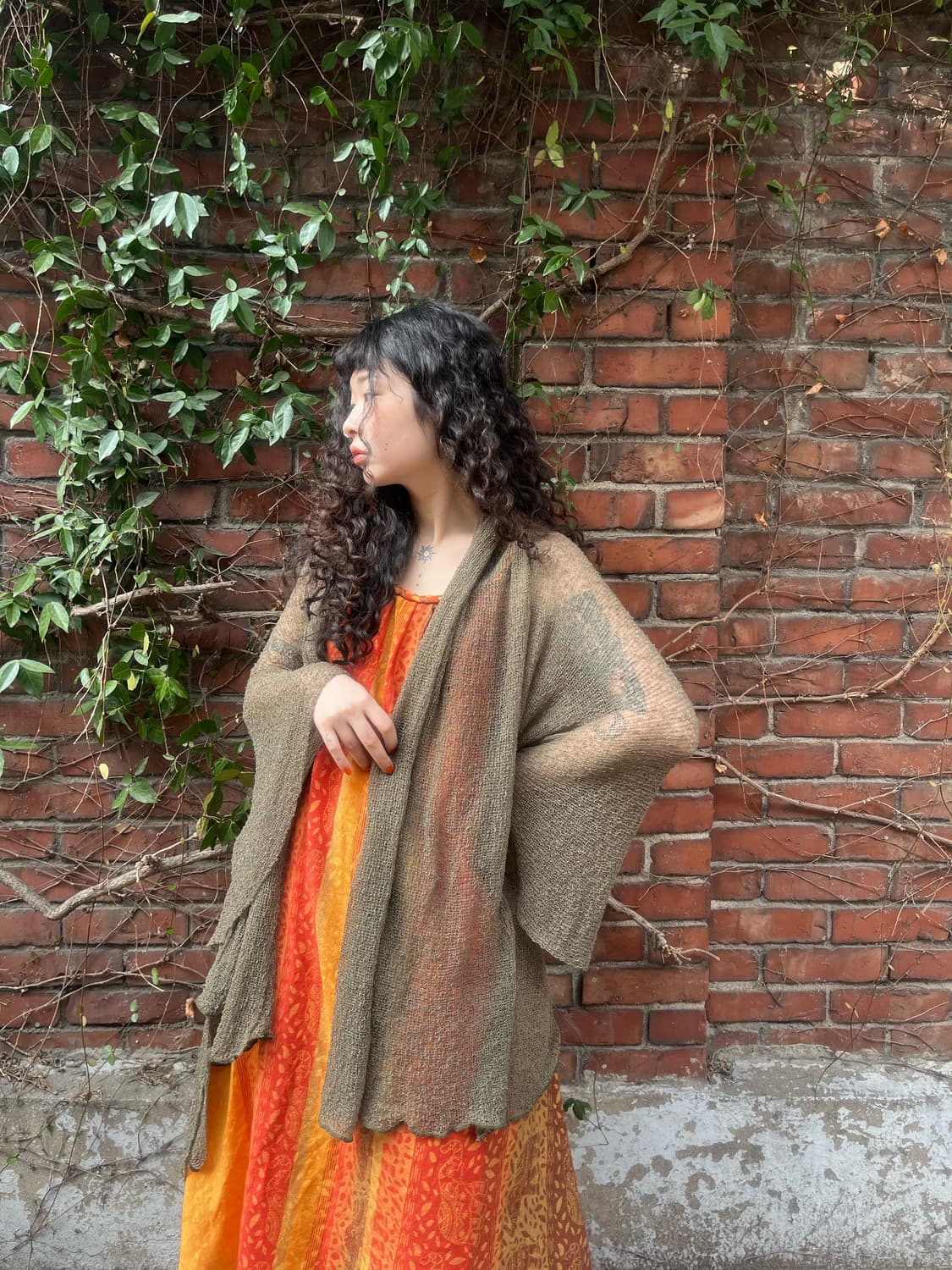 히피 카키 그물 니트 가디건 상품이미지1