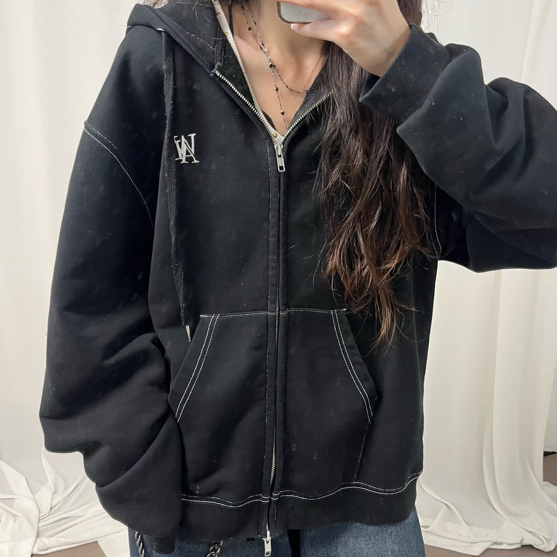 Wooalong black two-way hood zip-up  상품이미지3