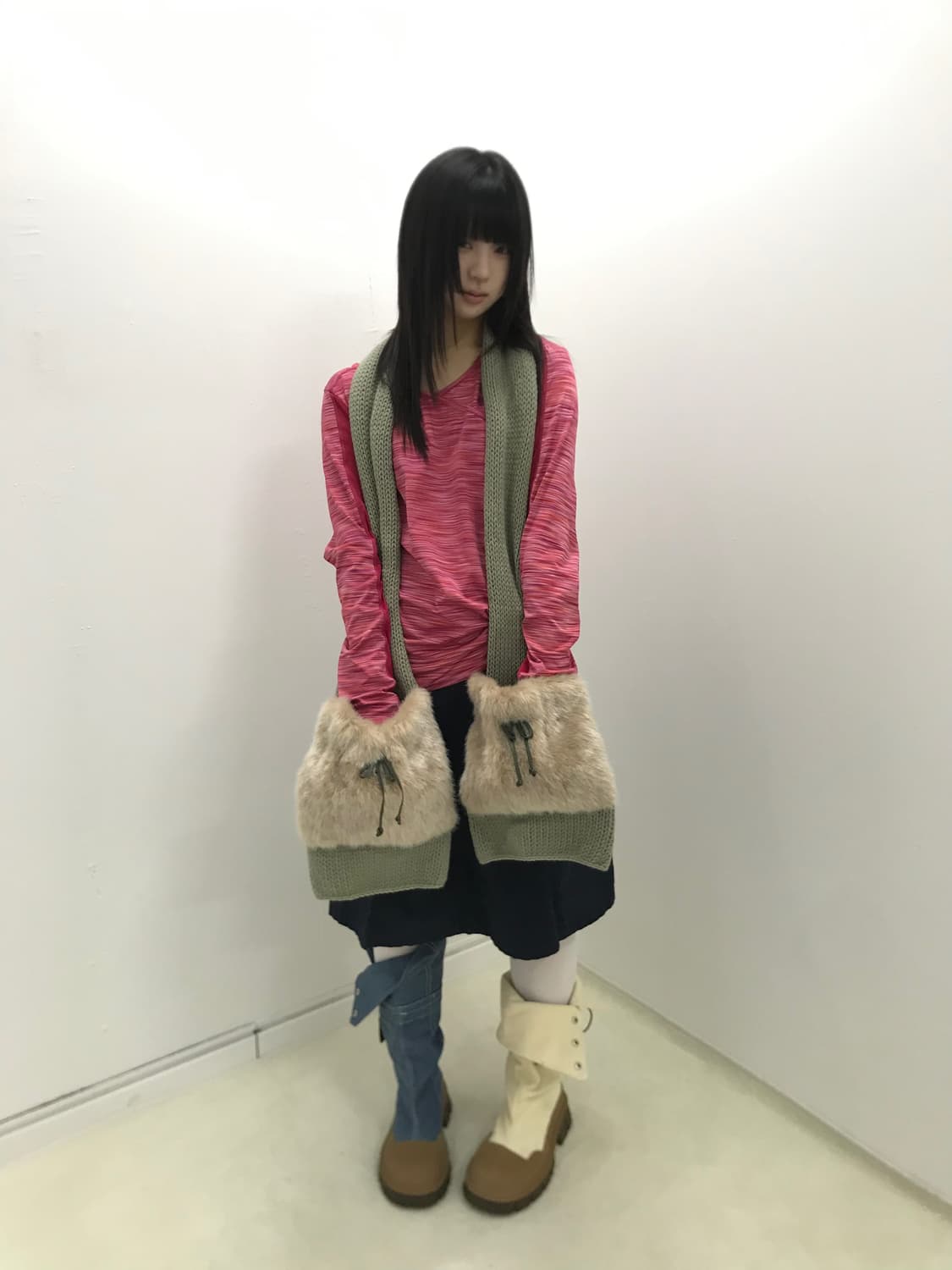 Olive knit hand-glove fur pocket muffler 상품이미지5