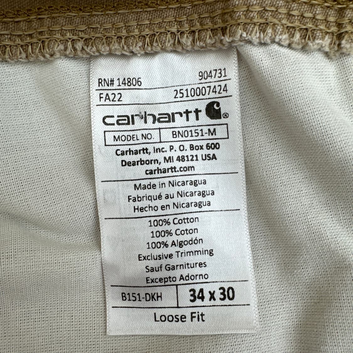 2022 칼하트 B151 DKH 다크 카키 루즈핏 카펜터 팬츠  상품이미지9