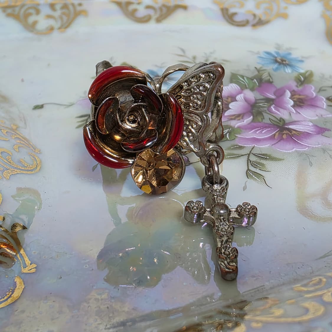 엑시즈팜 앤틱 골동품 고전 일본빈티지 장미 십자가 나비 큐빅반지 상품이미지2