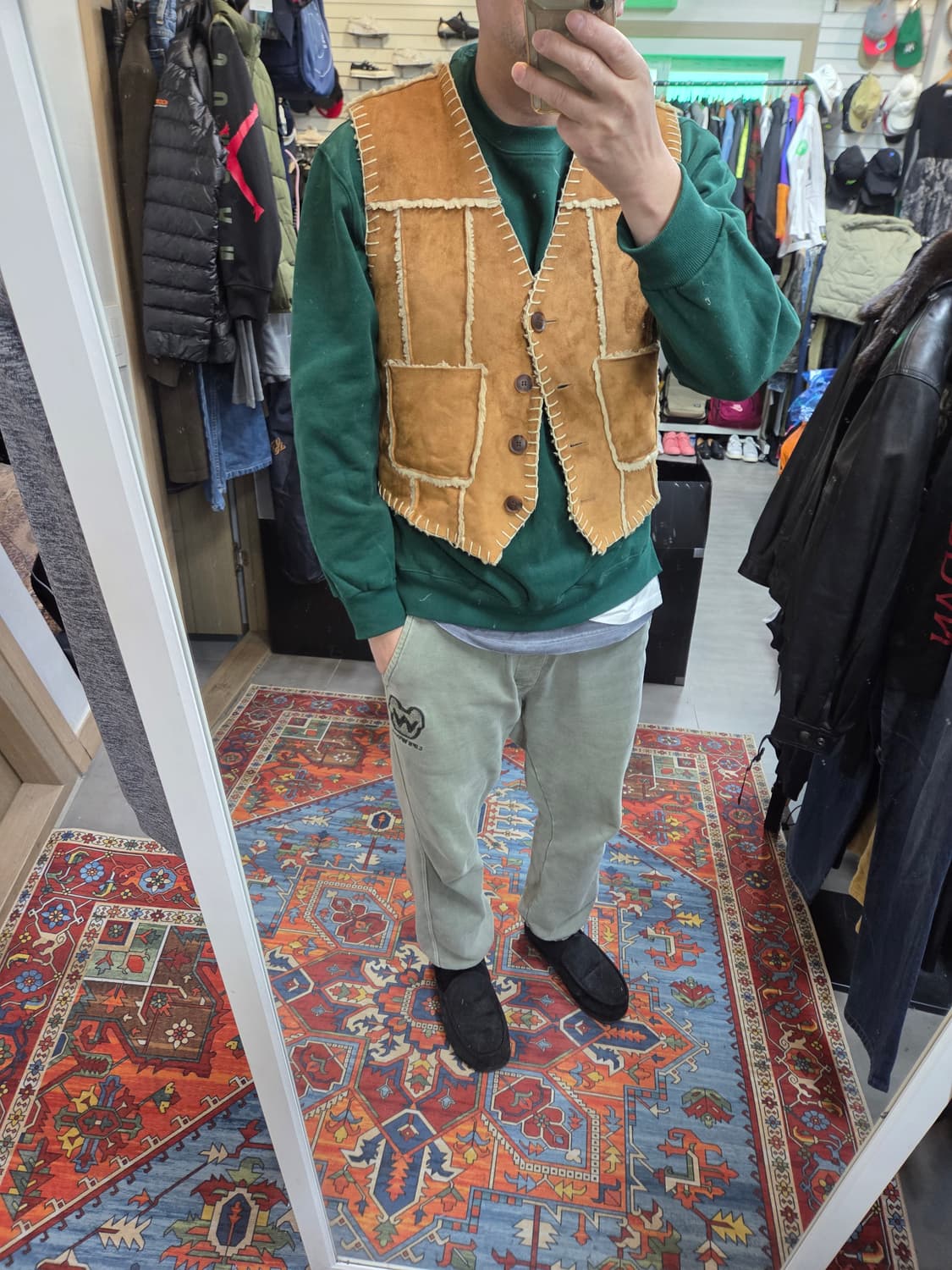 라티젠 스웨이드 빈티지 셰르파 무스탕 조끼 프리 남성 m 상품이미지9