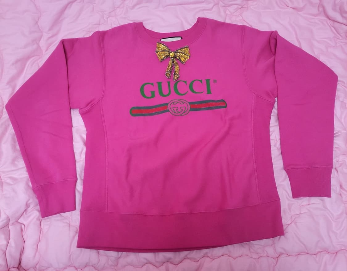 정품)급처상태좋음!구찌 오버핏 박재범,블핑제니 맨투맨 리본브로치 핫핑크티 상품이미지5