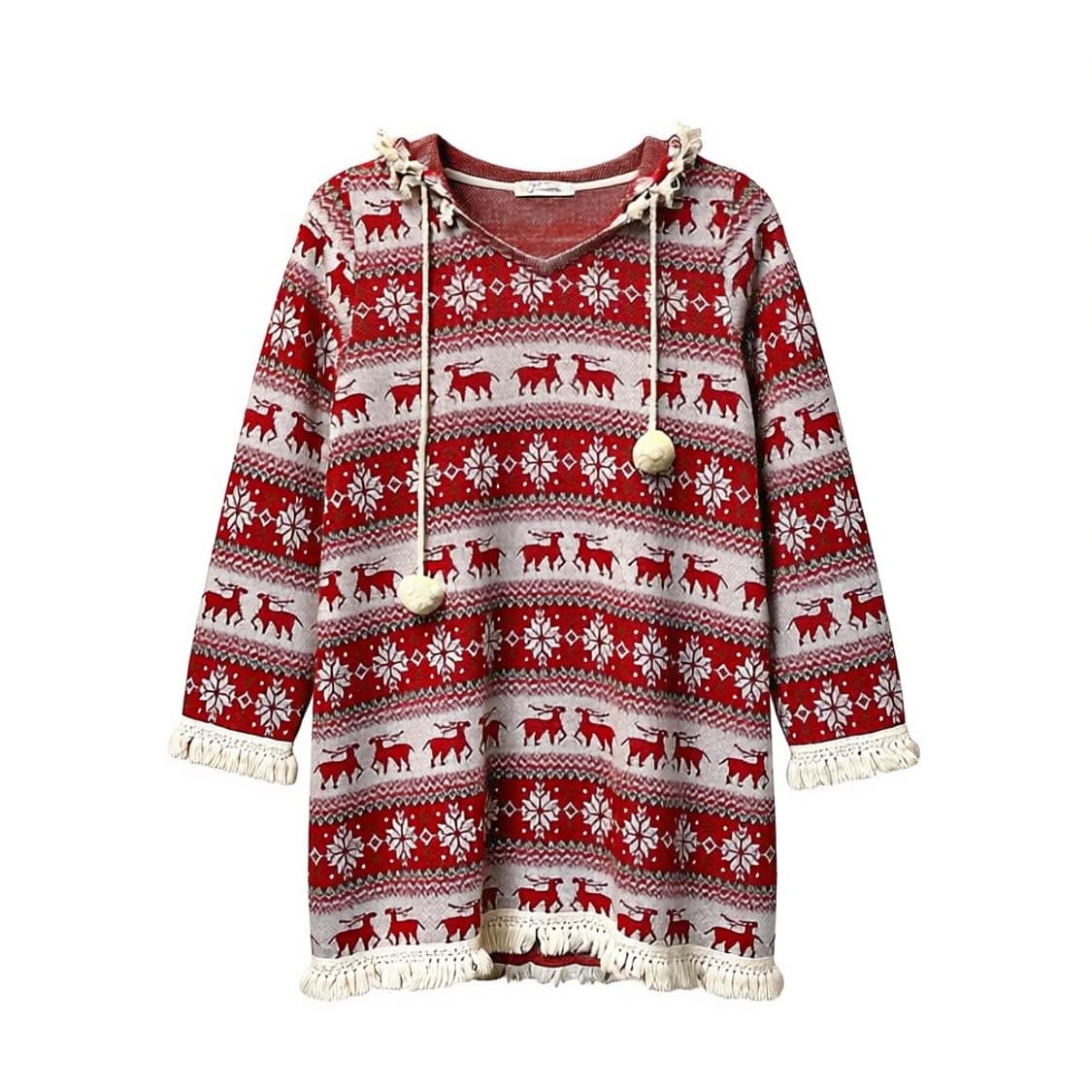 JPN VINTAGE 노르딕 패턴 니트 후드 태슬 디테일 레드 상품이미지1