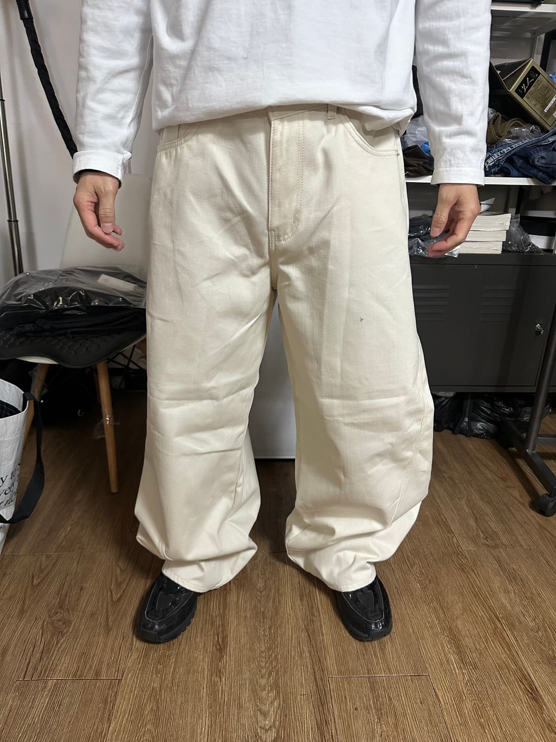 면 와이드 벌룬핏 커브 팬츠 M, L 아이보리 새상품 상품이미지2