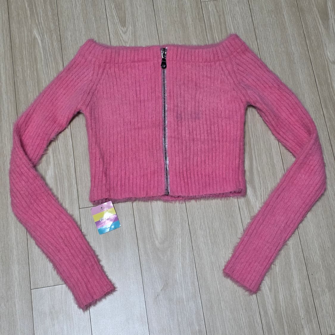 홍대eun 하라주쿠 빈티지 핑크 오프숄더 크롭 오프숄더 앙고라니트집업 상품이미지3