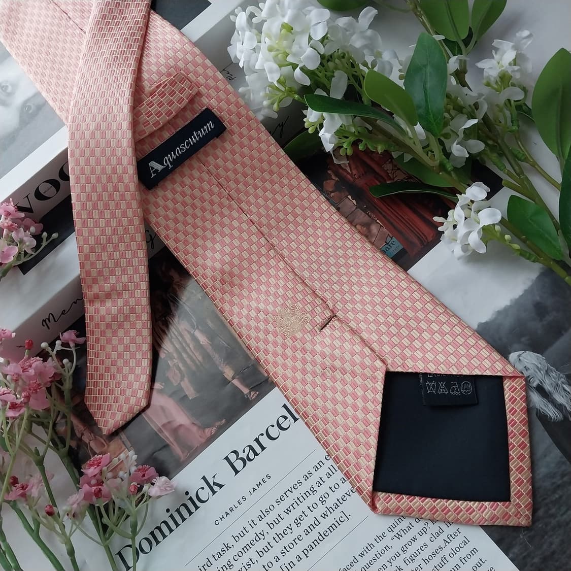 아쿠아스큐텀 실크 핑크살구 패턴 넥타이 9.5cm A+등급 K2097 상품이미지5