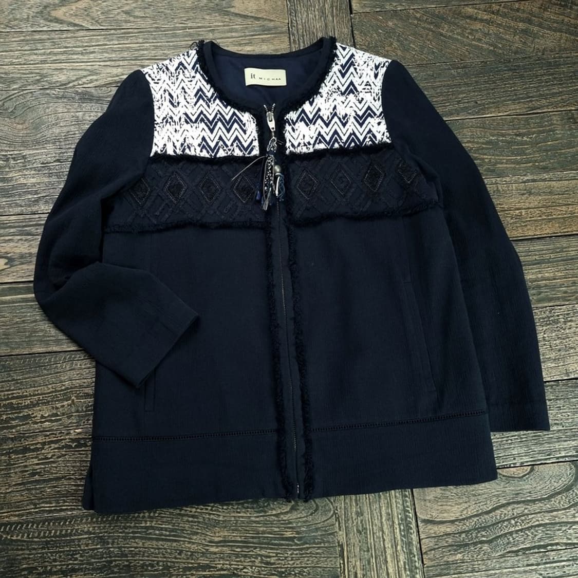 [잇미샤] 에스닉 패턴 카라리스 린넨 집업 자켓 네이비 M18857 상품이미지1