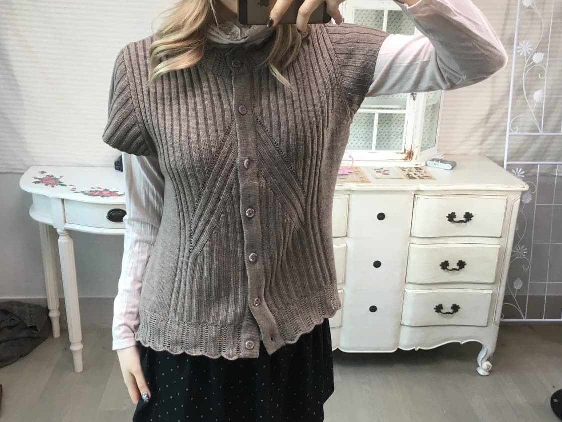 일본빈티지 핑크 브라운 울 크로셰 하프 니트 가디건 상품이미지3