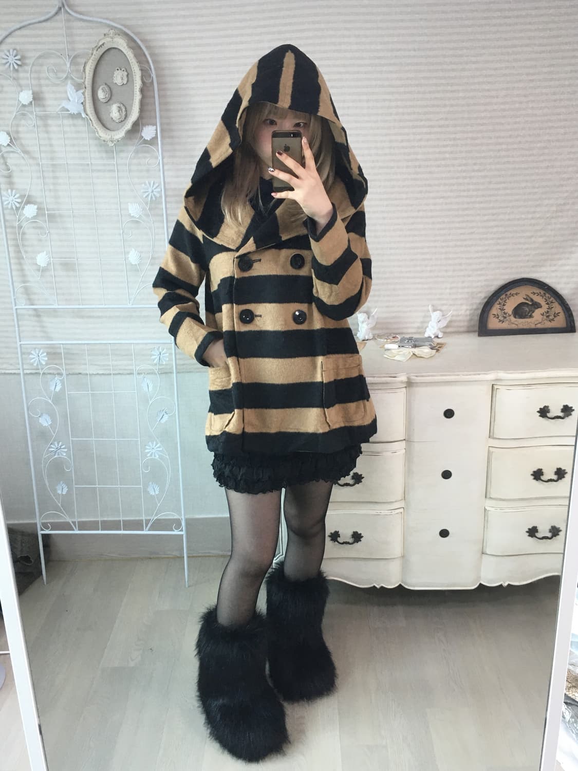 일본빈티지 카멜블랙 스트라이프 후드 코트 상품이미지2