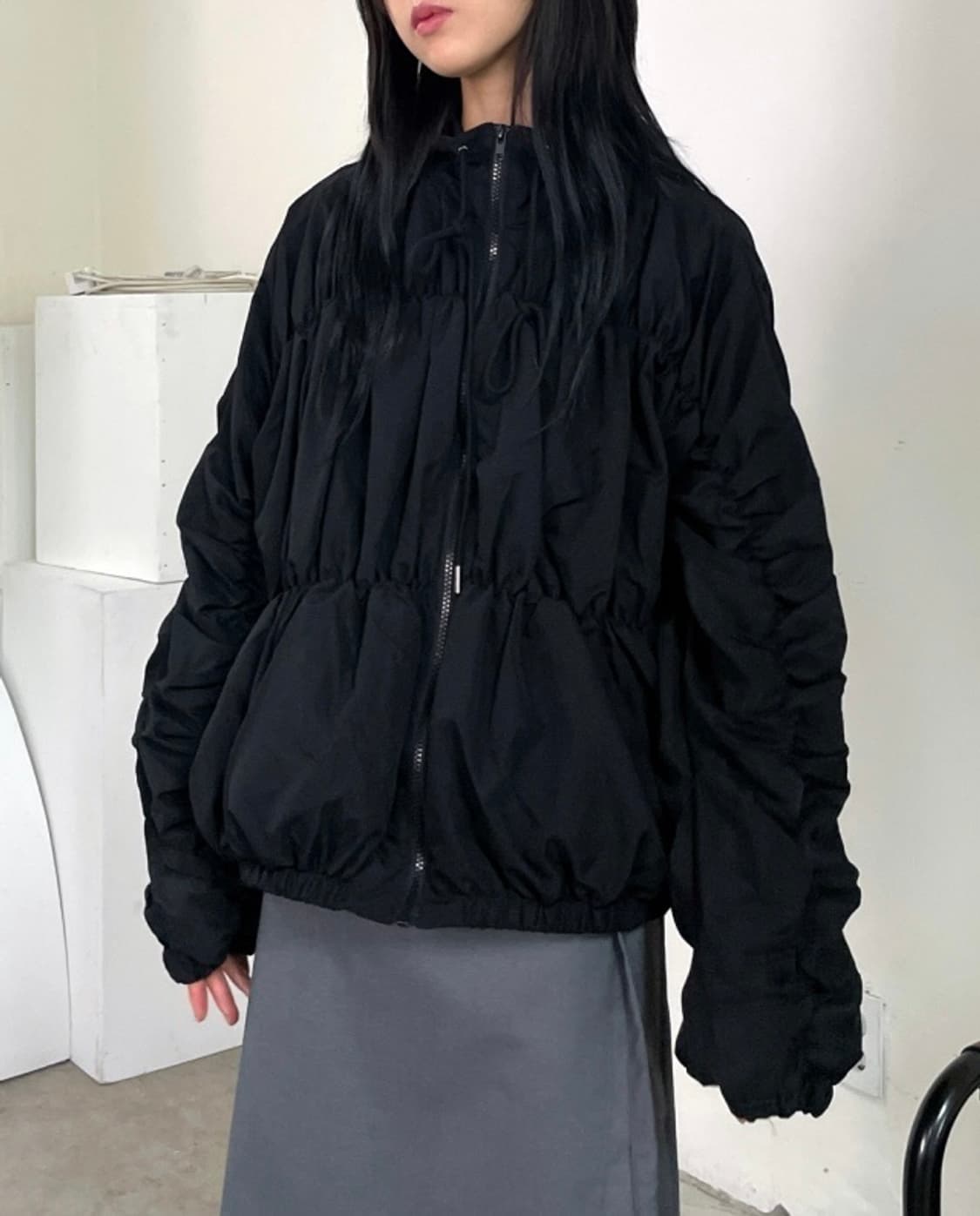 우화 미니멀 스트링 셔링 집업 자켓 점퍼 / 링클 벌룬 상품이미지2