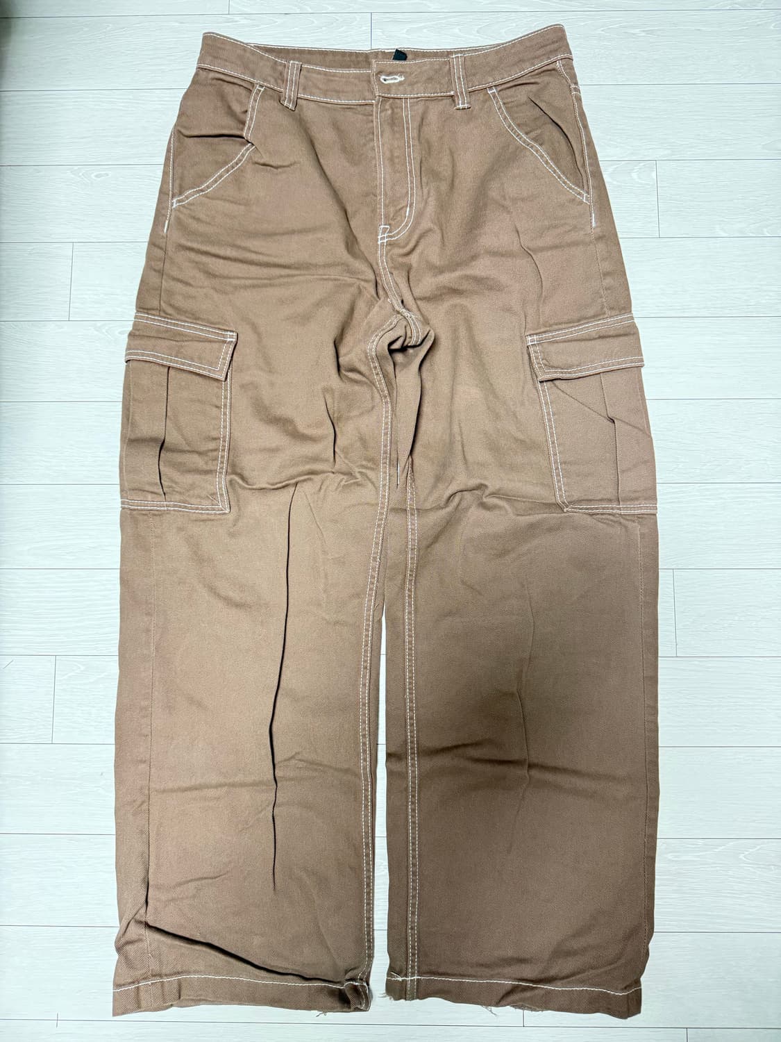 브라운 화이트 스티치 와이드 카고팬츠 상품이미지1