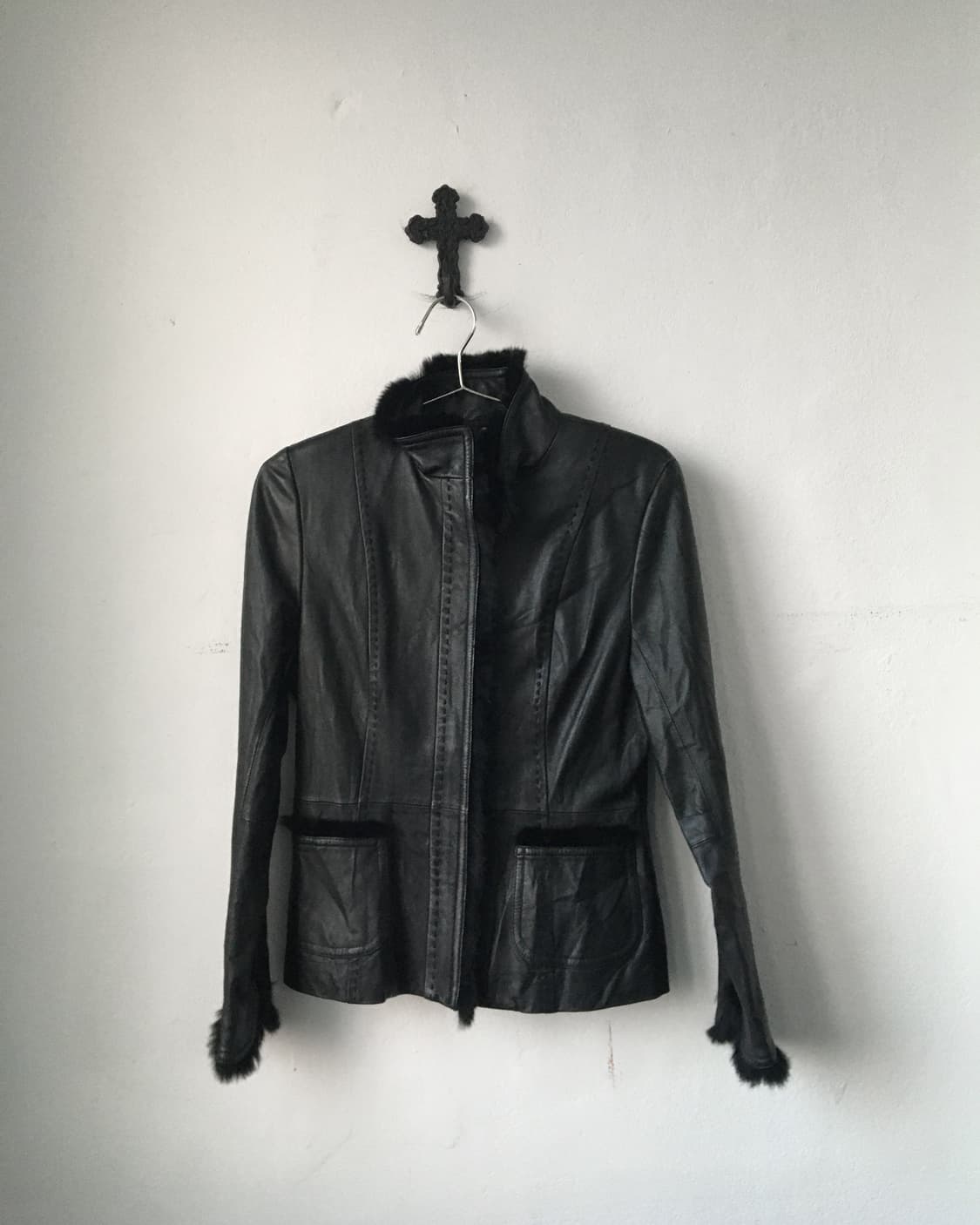 Fake fur trimming lamb leather jacket 상품이미지2