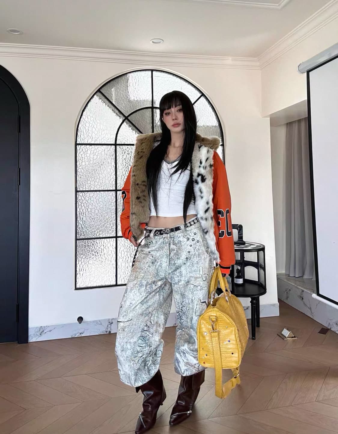 Orange Fur-Lined Patch Hooded Jacket  상품이미지5