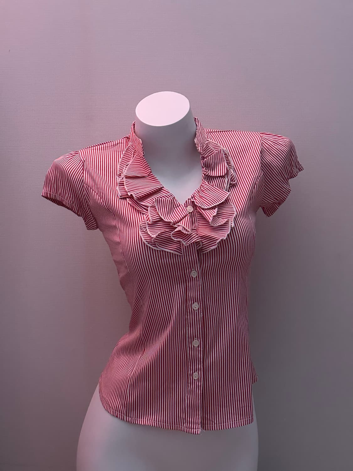 빈티지 프릴 반소매 스트라이프 블라우스 상품이미지2