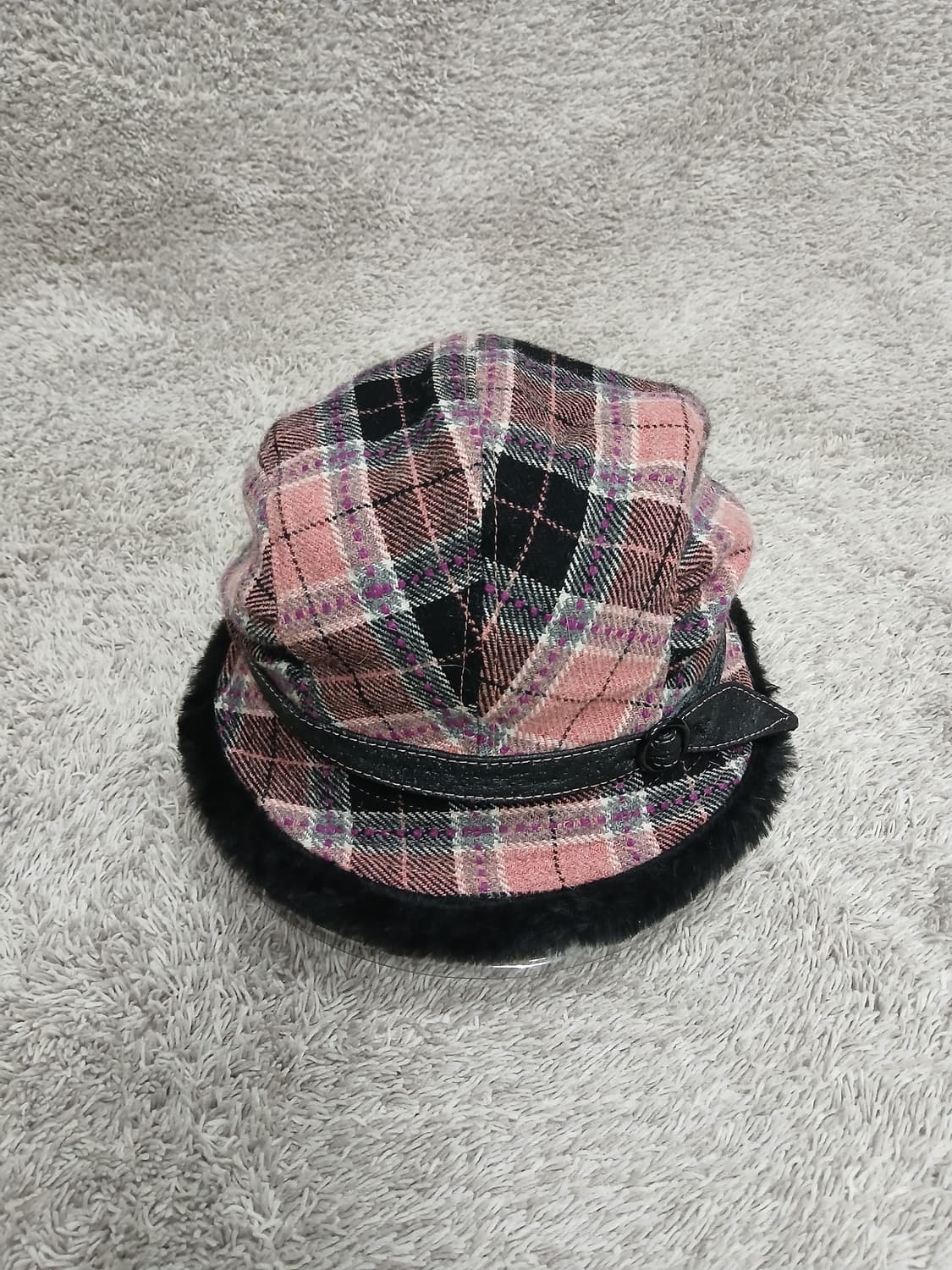  체크 살구핑크 털모자 57cm 상품이미지1