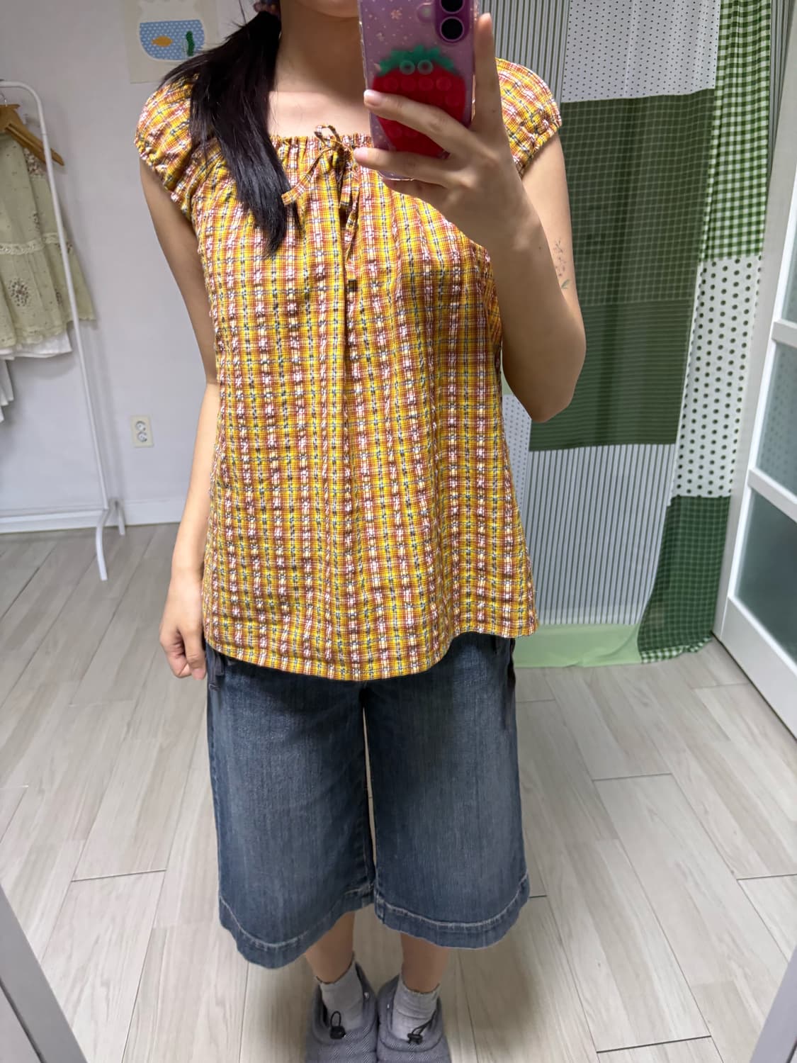 오렌지 체크 퍼프 소매 블라우스 상품이미지3