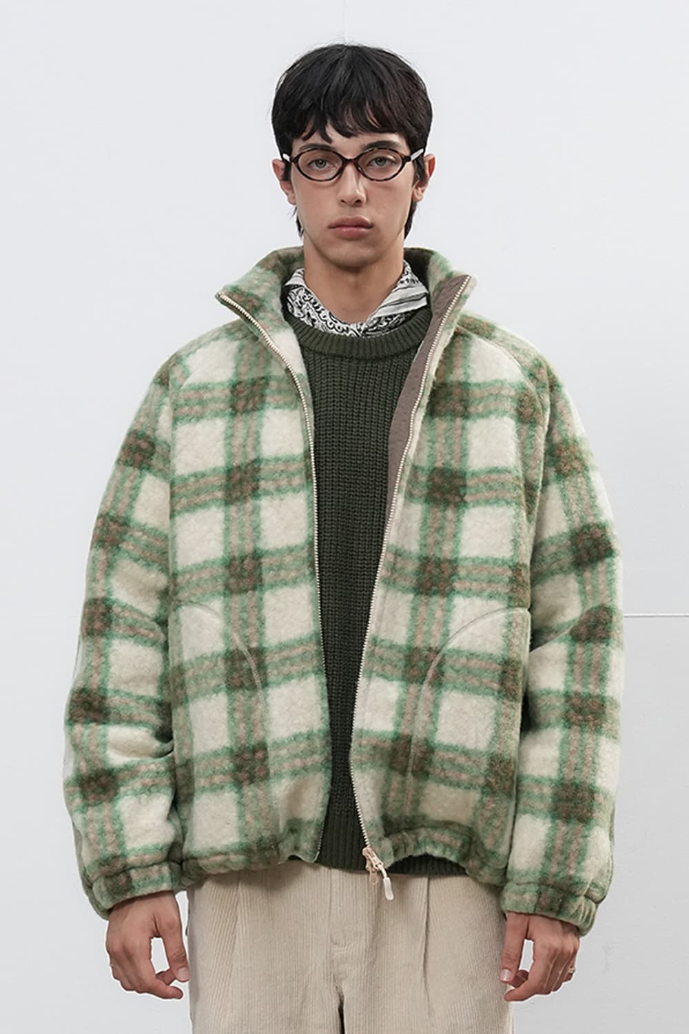 제너럴 아이디어 웜 퀼팅 체크 플리스 자켓 그린 상품이미지1
