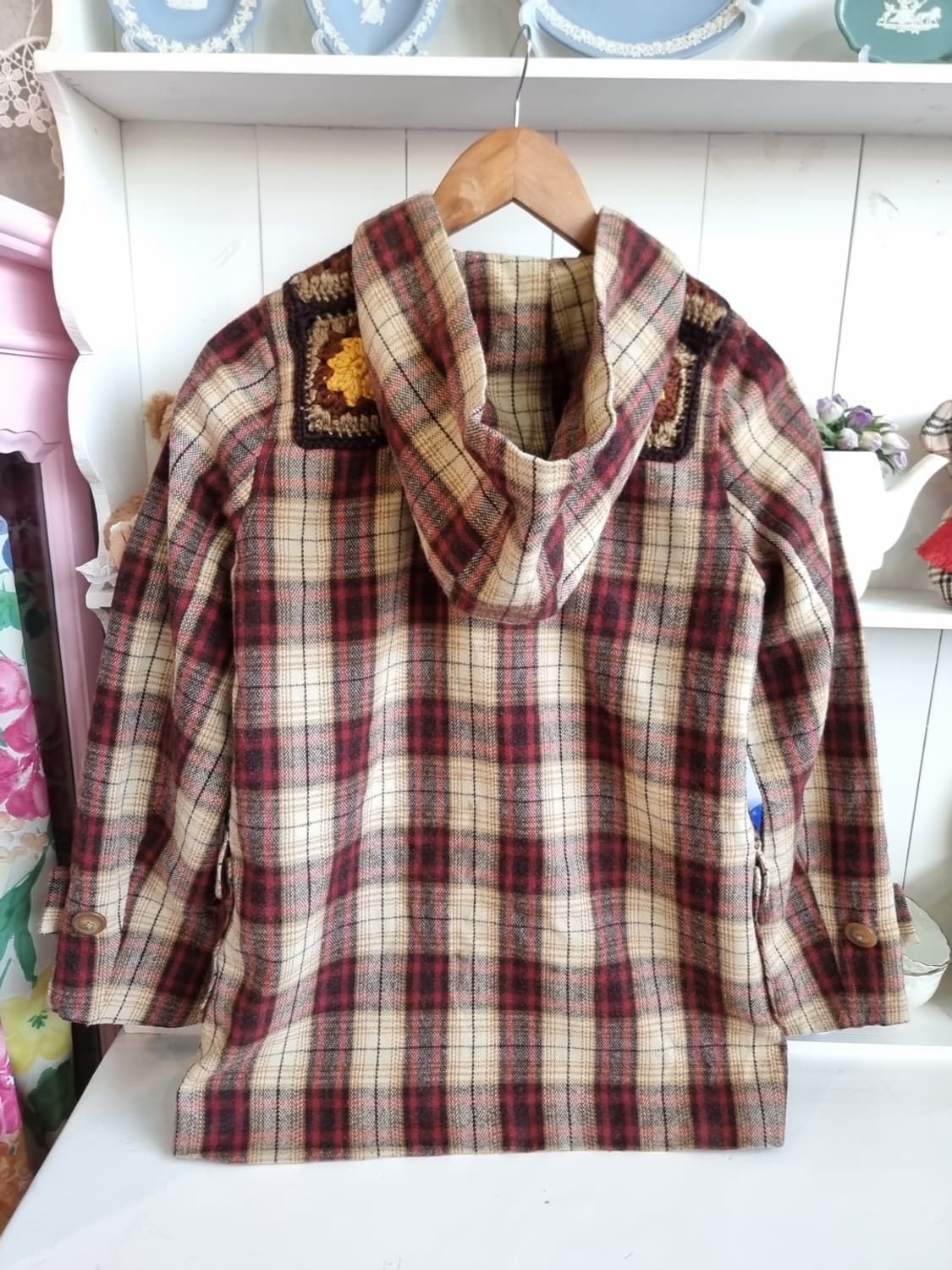 빈티지 체크 니트 디테일 더플 코트 상품이미지5