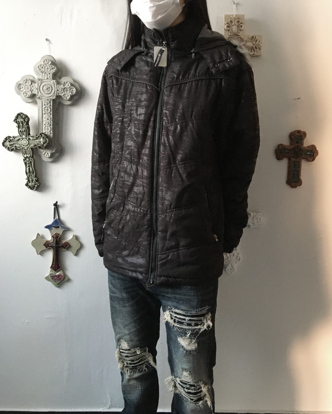 Fake fur hood dyed printing jacket 상품이미지8