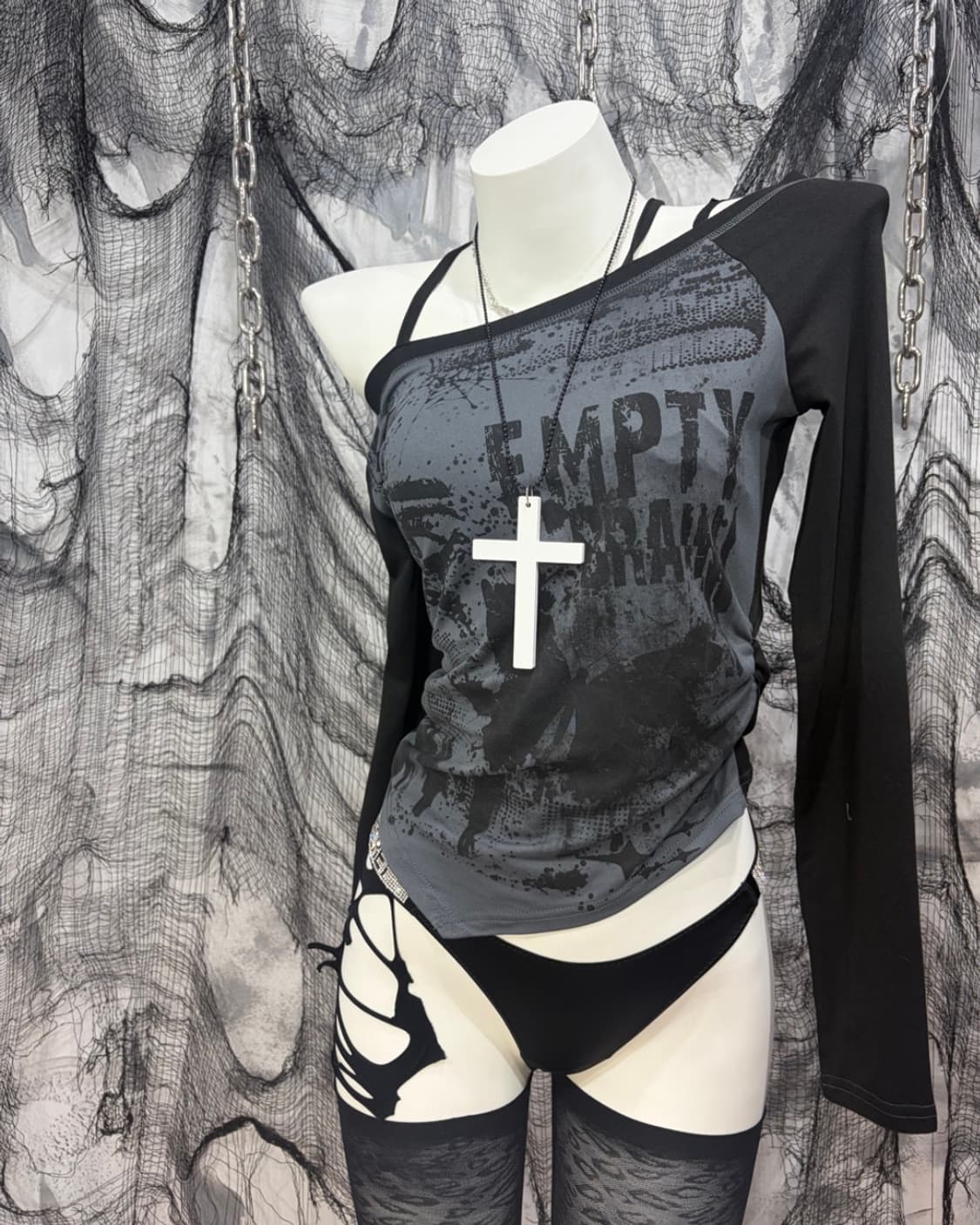 Y2K off-shoulder shirring long sleeve 상품이미지3