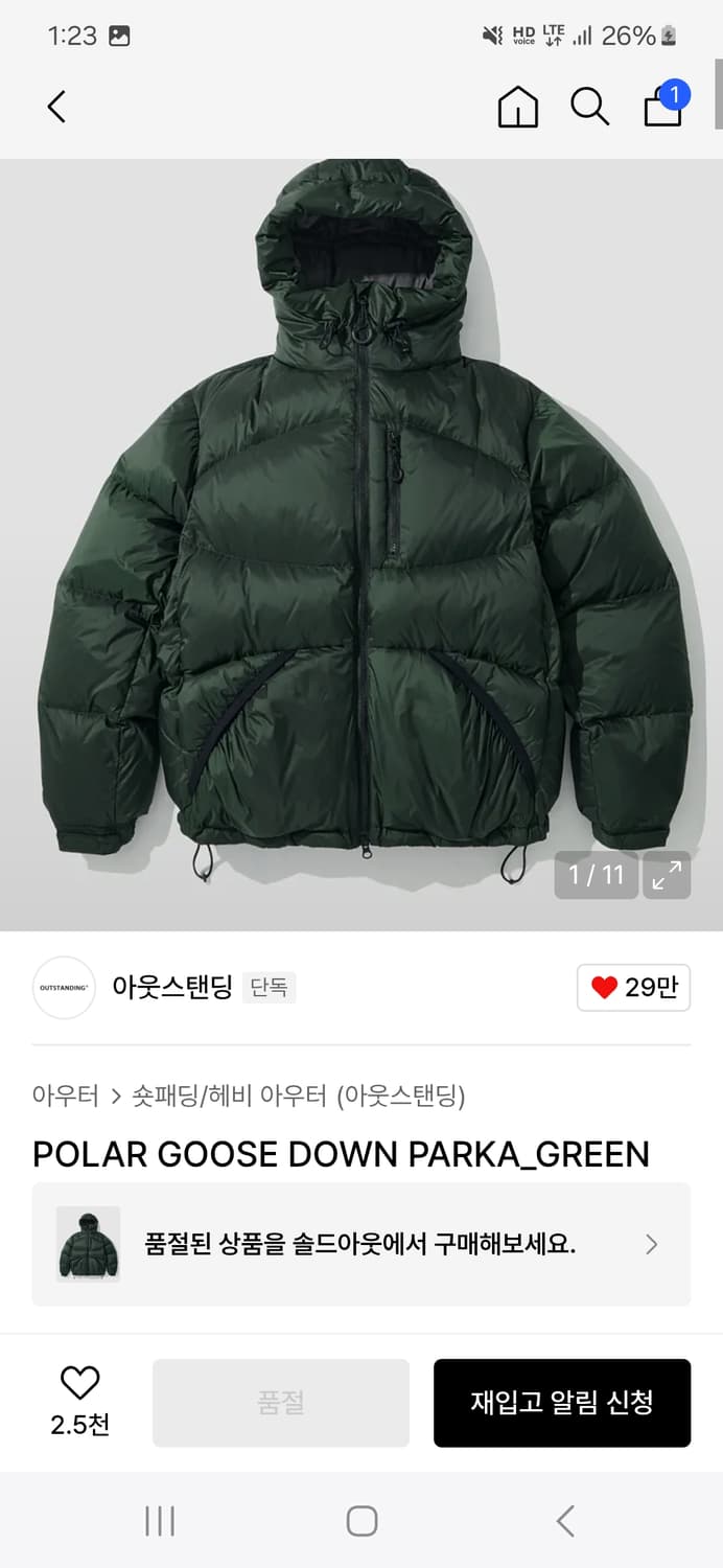 아웃스탠딩 구스다운파카 그린 M 상품이미지1