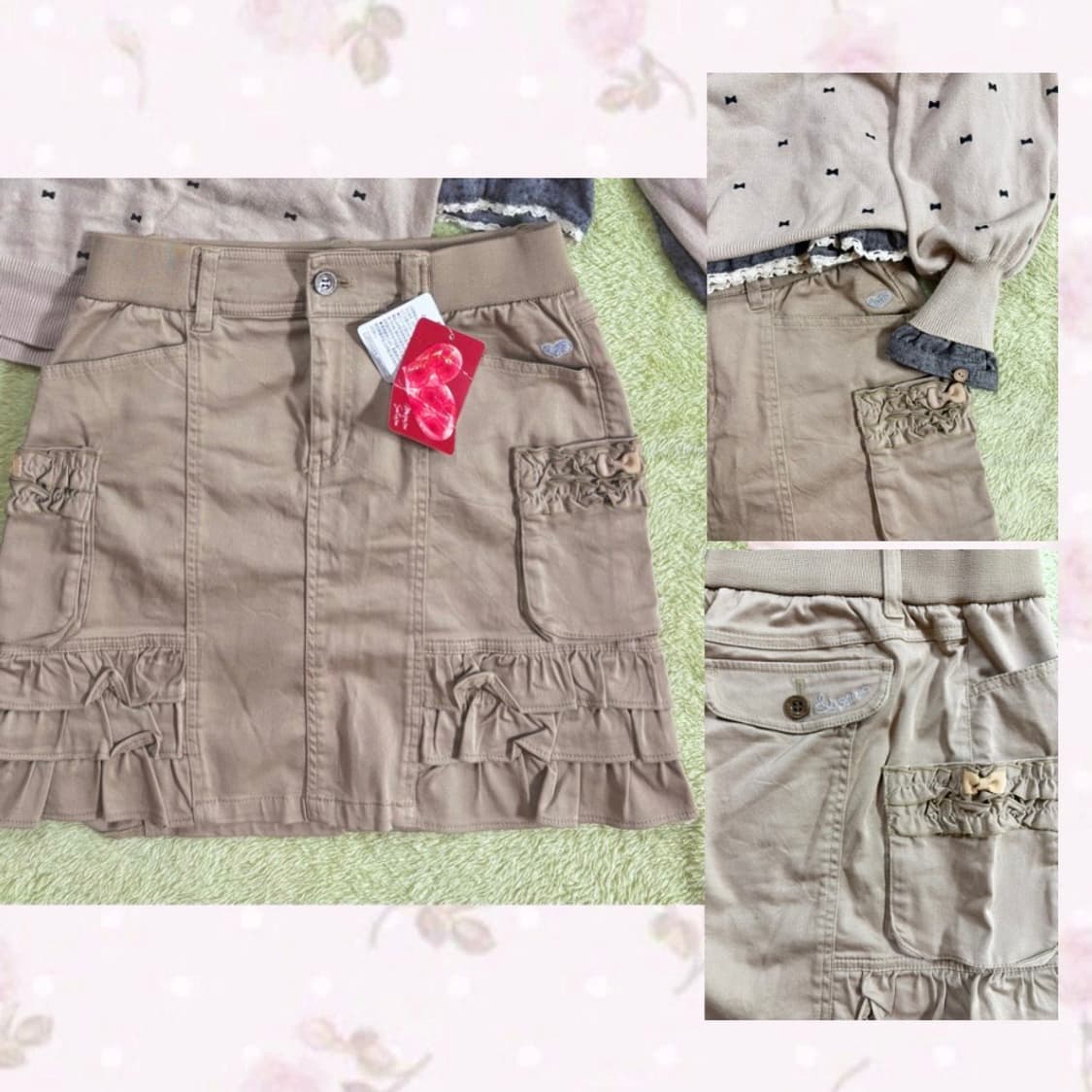 일본빈티지 모리걸 카라 크로셰 블라우스 + 리본 니트 + 카고 스커트 상품이미지3