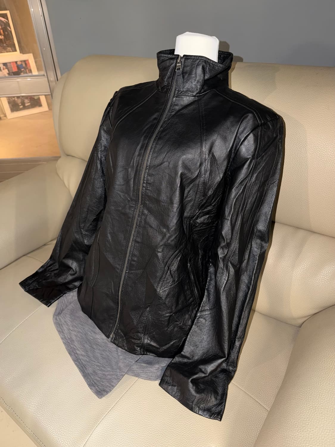 high-neck line detail leather jacket 상품이미지1