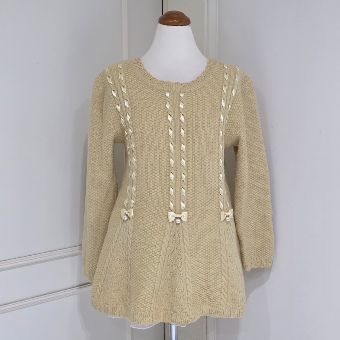 일본빈티지)모리걸st 리본레이스 하찌케이블 로맨틱히메갸루 엑팜깔 긴팔니트 상품이미지1