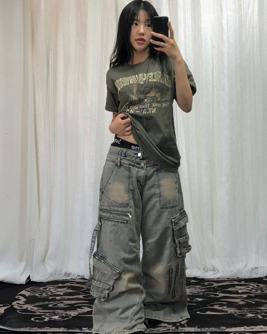 데님 옐로우 워싱 멀티 포켓 와이드 카고 팬츠 상품이미지1