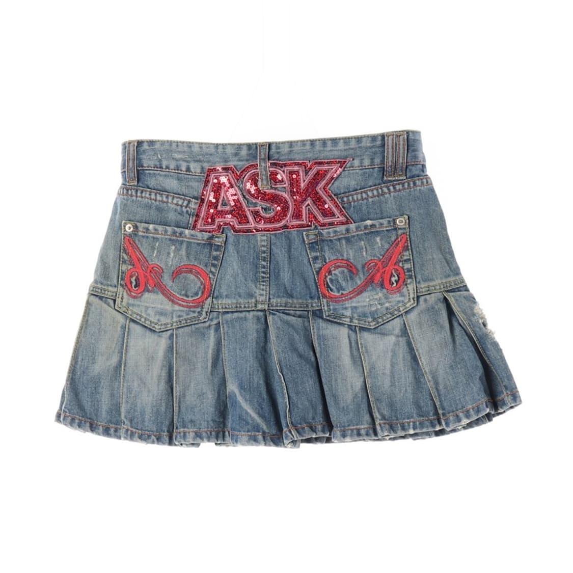 ASK 레드 자수 플리츠 데님 치마 상품이미지2