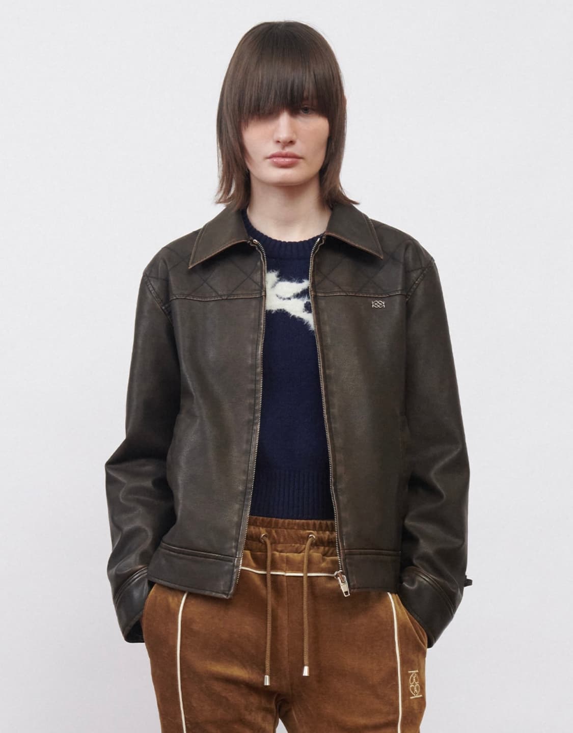 Kijun Faux-Leather Stitched Jacket Dark 상품이미지1