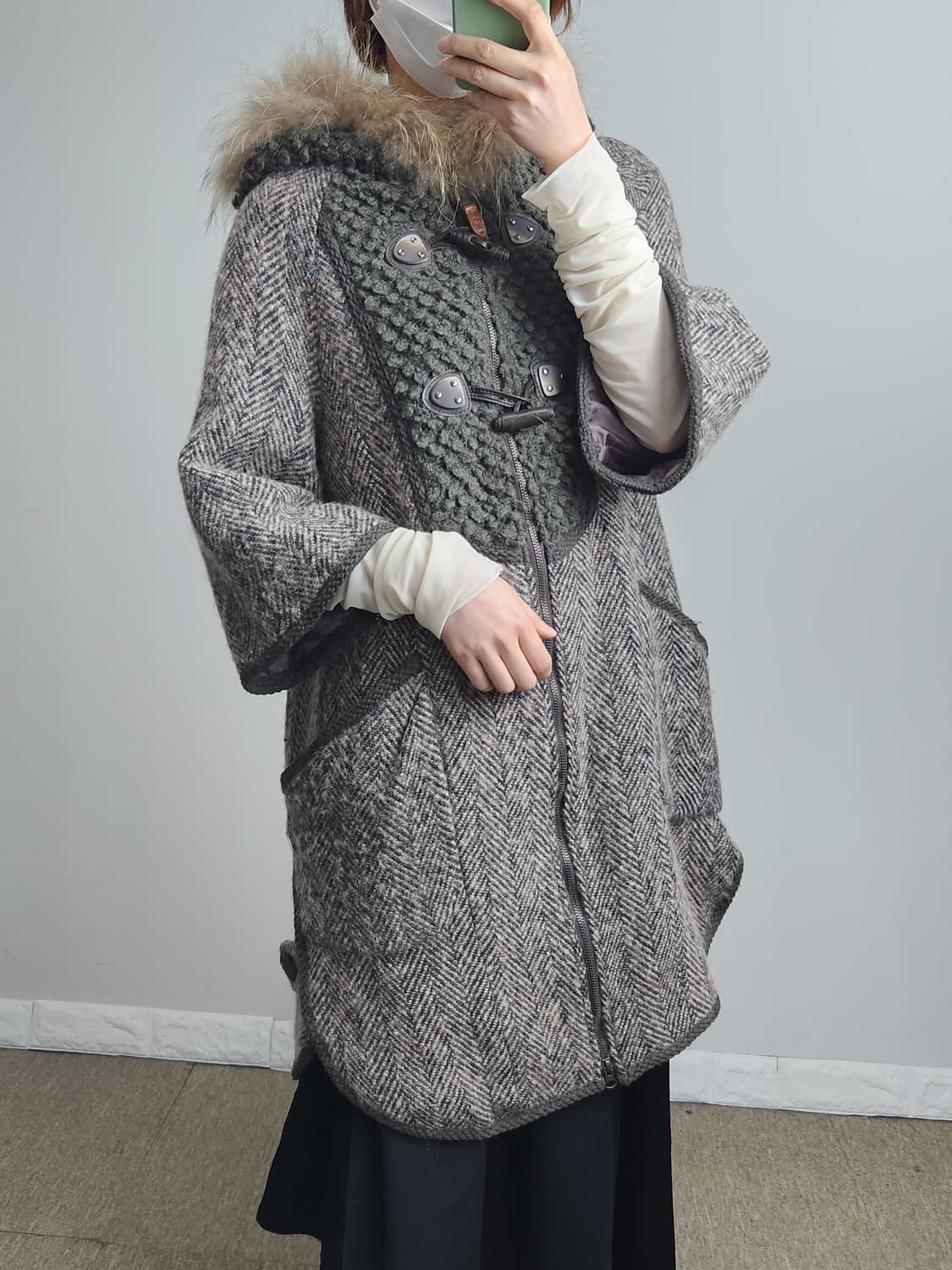 헤링본 라쿤 후드 자켓 상품이미지3