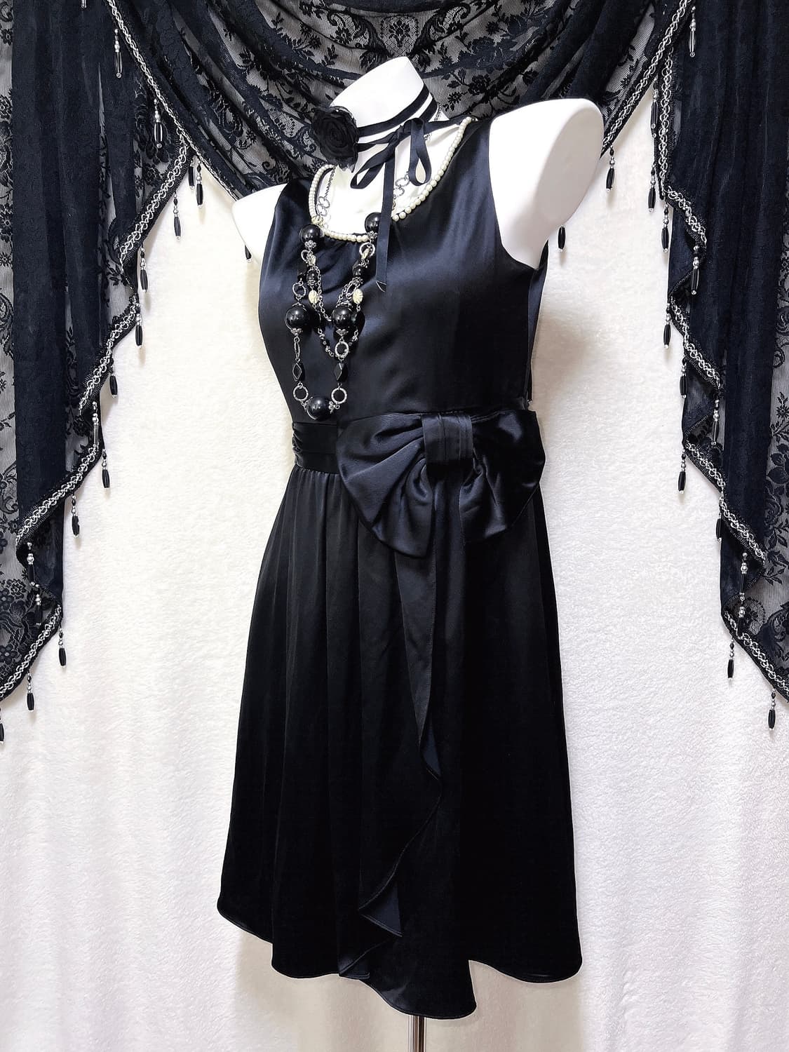 로맨틱고딕 고스 엔틱 블랙 리본 진주 미니드레스 새틴원피스 파티 히메갸루 상품이미지2