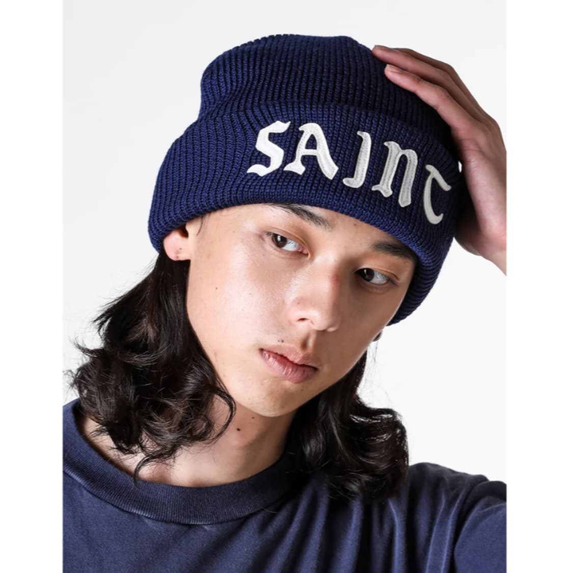 [새상품] 세인트미카엘 saint 로고 비니 니트캡 네이비 상품이미지4