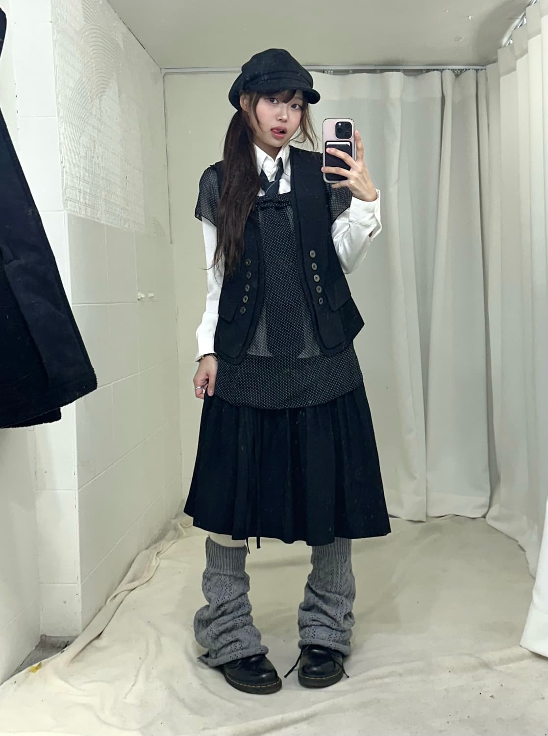 무채색 니혼진 프레피 무스탕 코트 코디세트 상품이미지2