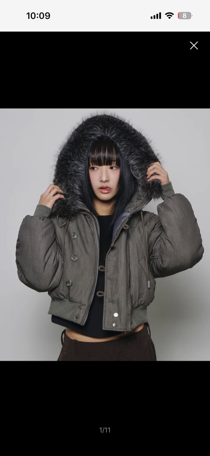 슬릭글로우 크롭 퍼 후드 패딩 점퍼 카키 상품이미지1