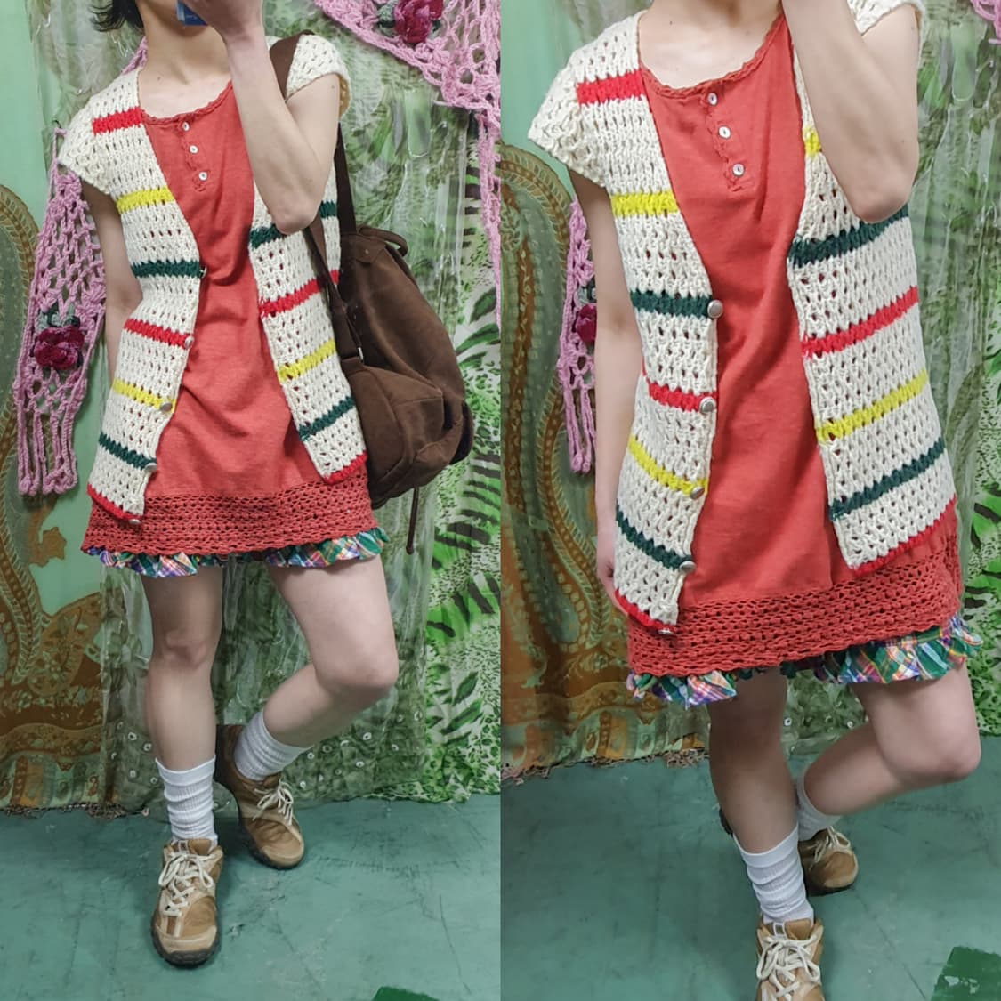 컬러 스트라이프 캡 소매 니트 베스트 상품이미지1