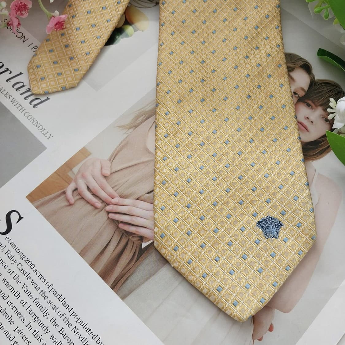 베르사체 실크 옐로 다이아 패턴 넥타이 8.9cm A-~B등급 K1390 상품이미지3