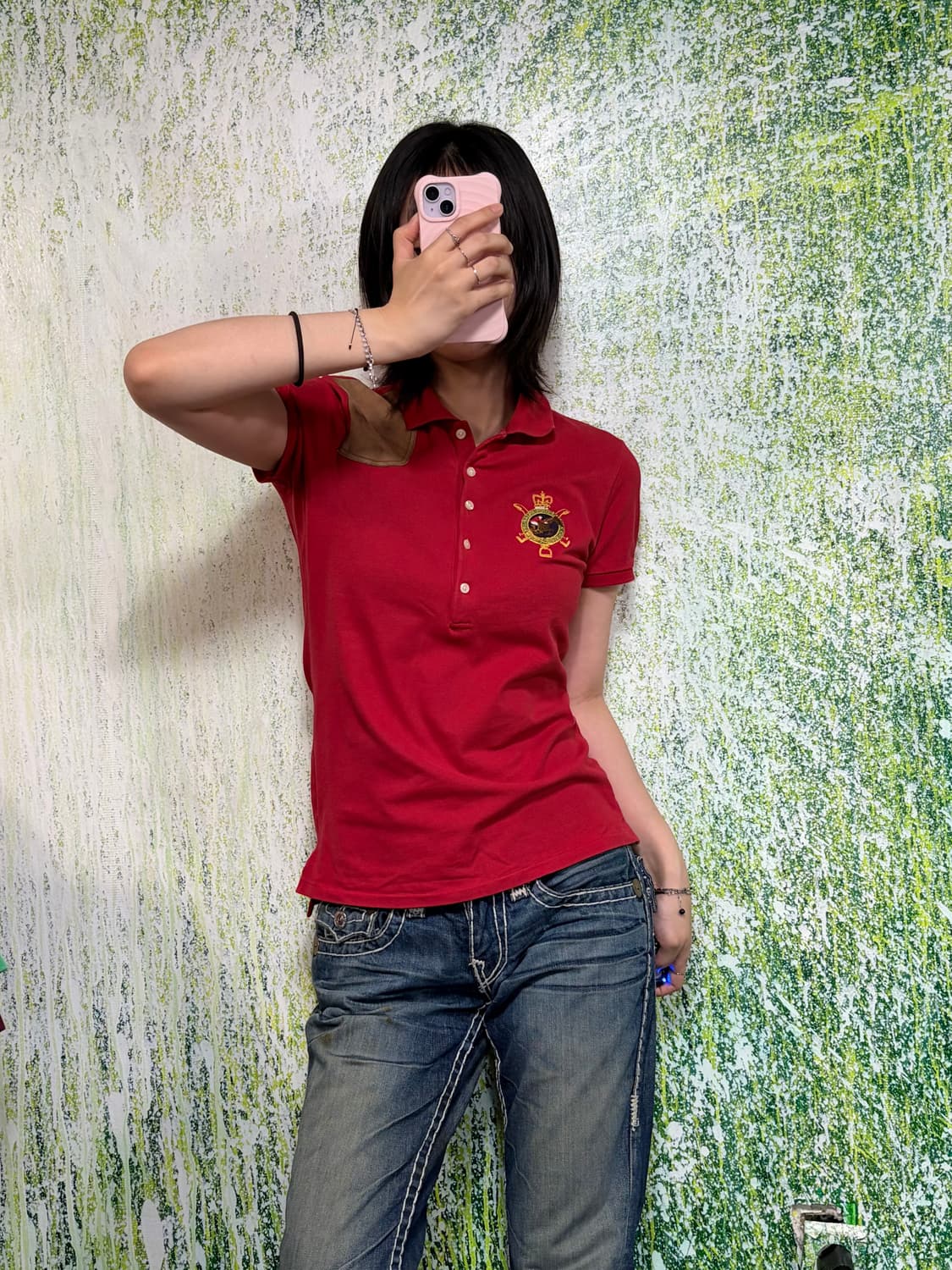 폴로 빅포니 치프키프 와펜 자수 로고 가죽패치 레드 카라 반팔 티셔츠 M 상품이미지1