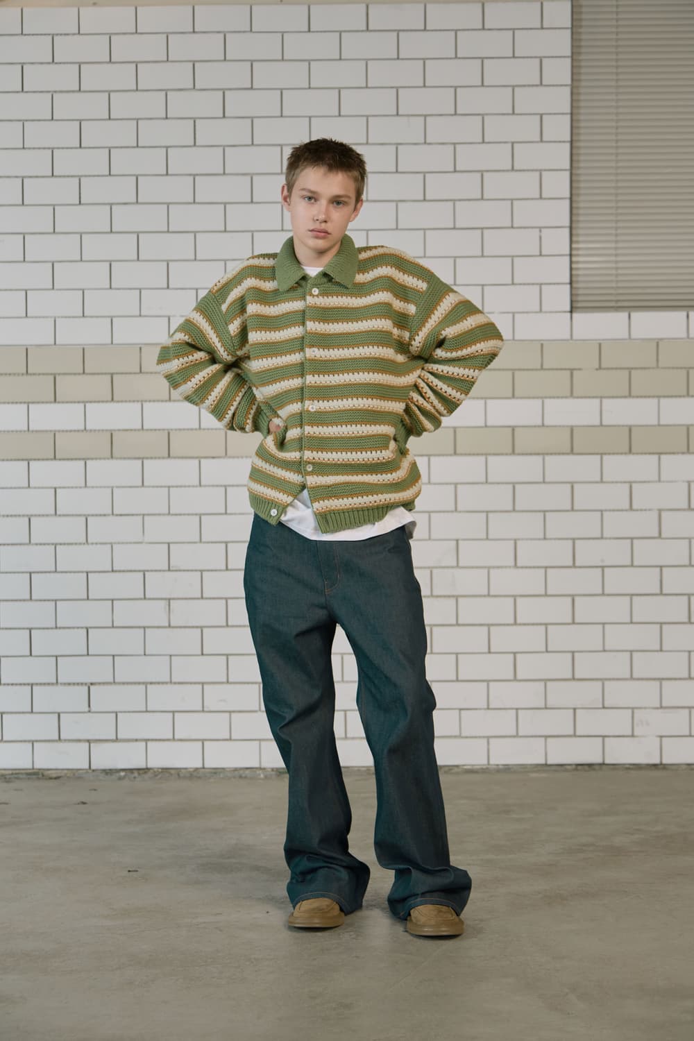 STU 울 카라 스트라이프 가디건 올리브그린 M 새상품 팝니다. 상품이미지1