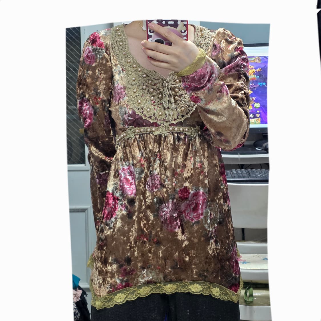 일본빈티지)페어리st 모리걸 벨벳 로즈 플로럴 글리터 레이스퍼프 블라우스 상품이미지6