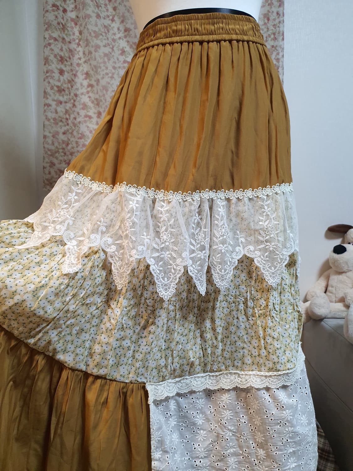 [모리걸] 레이스 패치워크 플라워 롱 스커트 상품이미지1