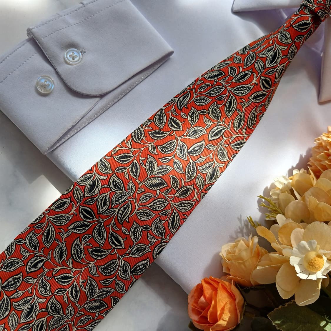 세루티 실크 오렌지 나뭇잎 모티브 넥타이 9cm A+등급 E945 상품이미지6